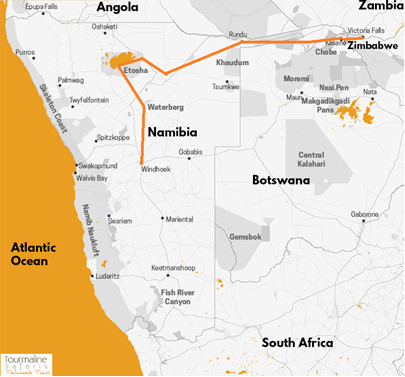carte voyage safari 4x4 De Windhoek à Victoria Falls en passant par les parcs