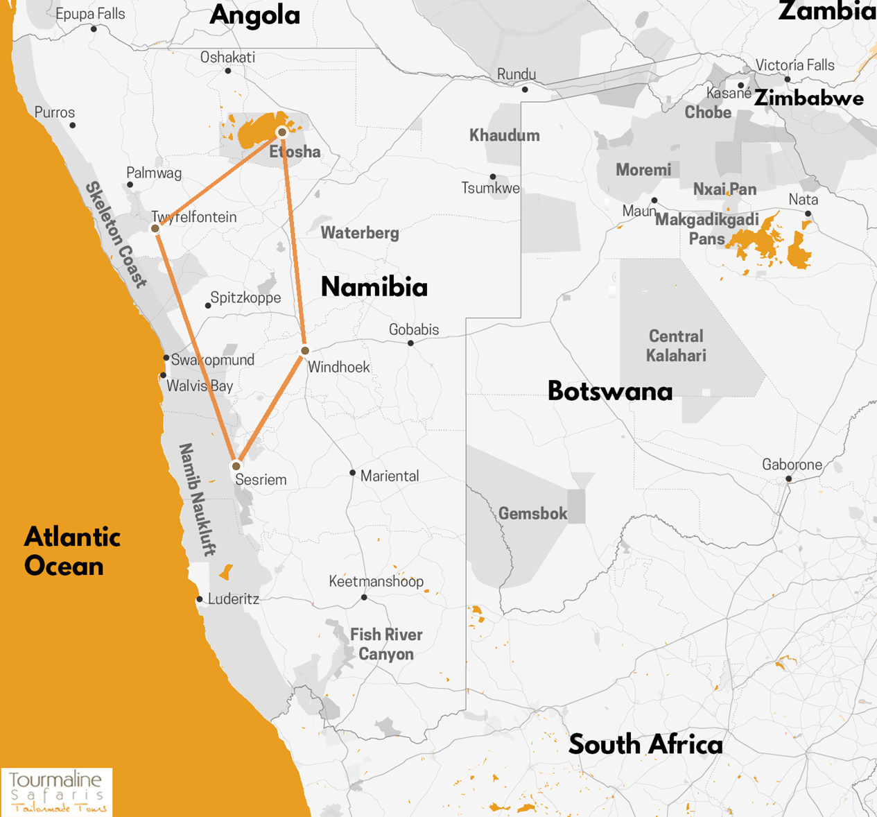 Carte de l'itinéraire — La Namibie par les airs