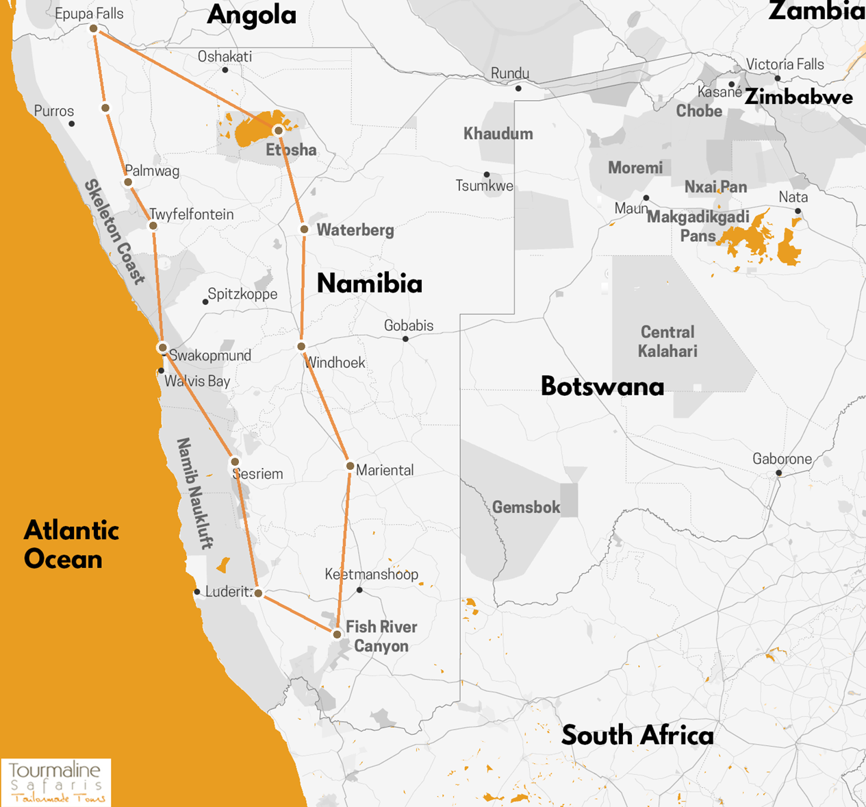 Carte de l'itinéraire — Grand tour de Namibie en camping